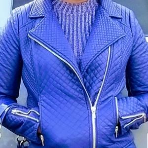 Royal Blue  Leather jacket" silver ZIPPER "